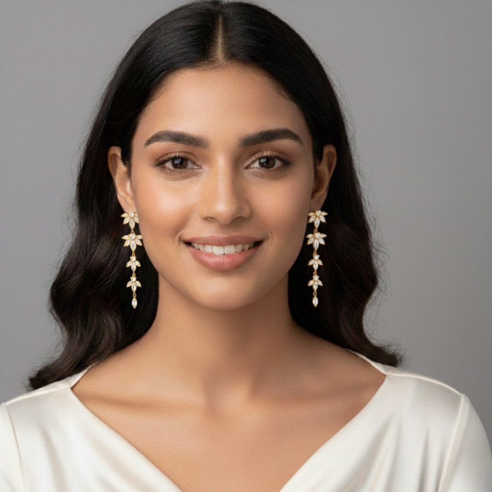 Zirconia Long Leaf Earrings – মহিলাদের পার্টি, ফ্যাশন ও বিয়ের জন্য স্টাইলিশ লং লিফ জিরকোনিয়া ইয়াররিং