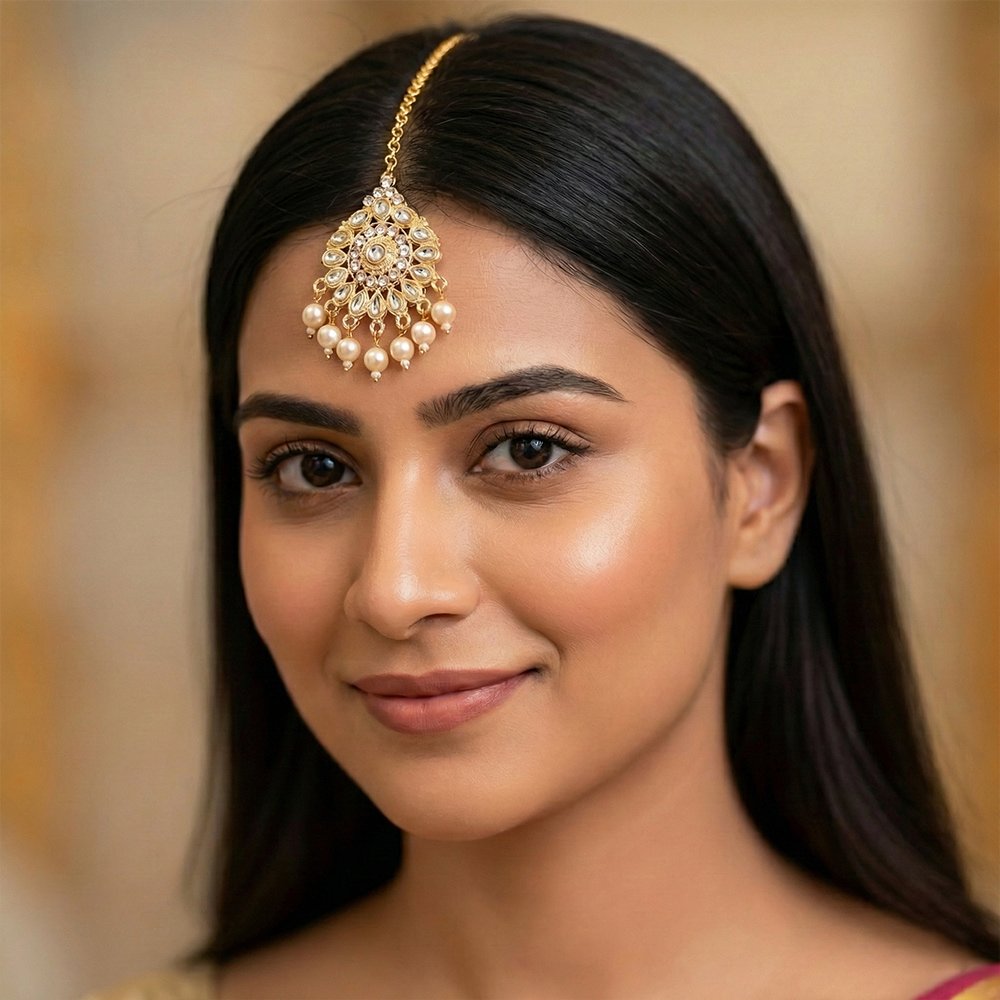 Golden Traditional Indian Pearl and Kundan Tikli for Women মহিলাদের জন্য রাজকীয় গোল্ডেন পার্ল ও কুন্দন টিকলি ট্র্যাডিশনাল মাংটিকা হেড জুয়েলারি কালেকশন