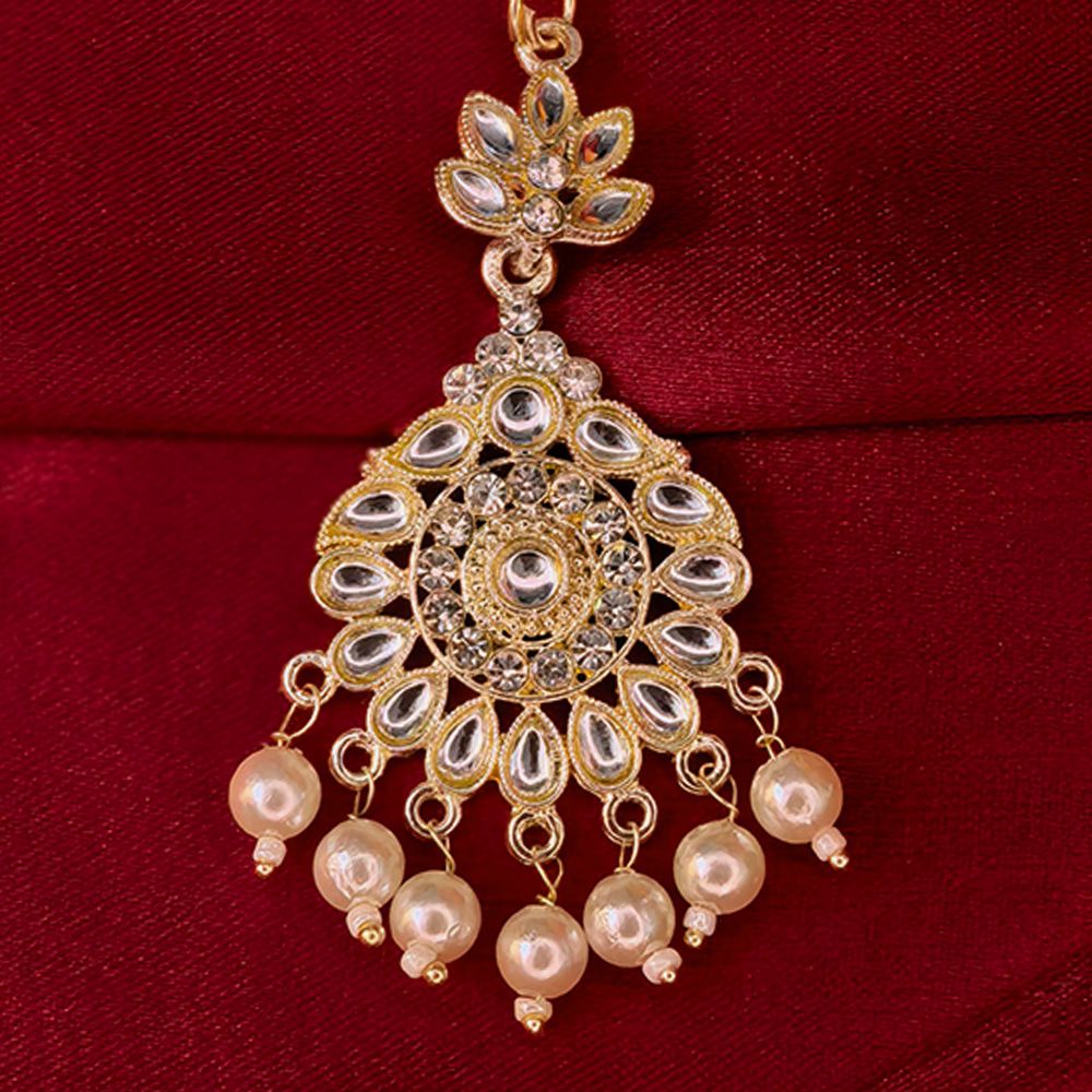 Golden Traditional Indian Pearl and Kundan Tikli for Women মহিলাদের জন্য রাজকীয় গোল্ডেন পার্ল ও কুন্দন টিকলি ট্র্যাডিশনাল মাংটিকা হেড জুয়েলারি কালেকশন - Image 2