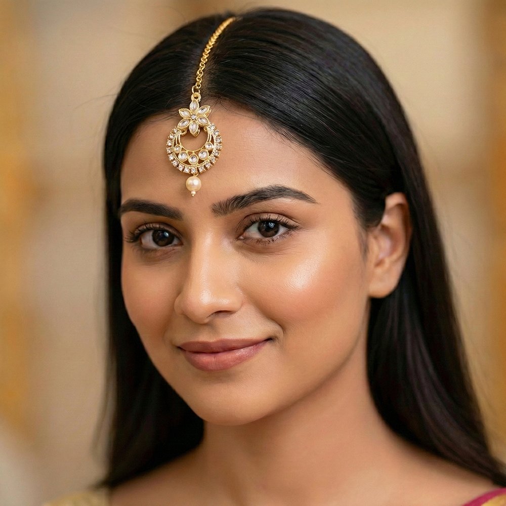 Golden Traditional Indian Pearl and Kundan Tikli for Women মহিলাদের জন্য রাজকীয় ইন্ডিয়ান গোল্ডেন পার্ল ও কুন্দন টিকলি ট্র্যাডিশনাল মাংটিকা হেড জুয়েলারি কালেকশন