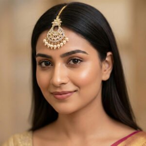 Golden traditional Indian tikli for women featuring premium kundan stones and delicate pearl drops.
