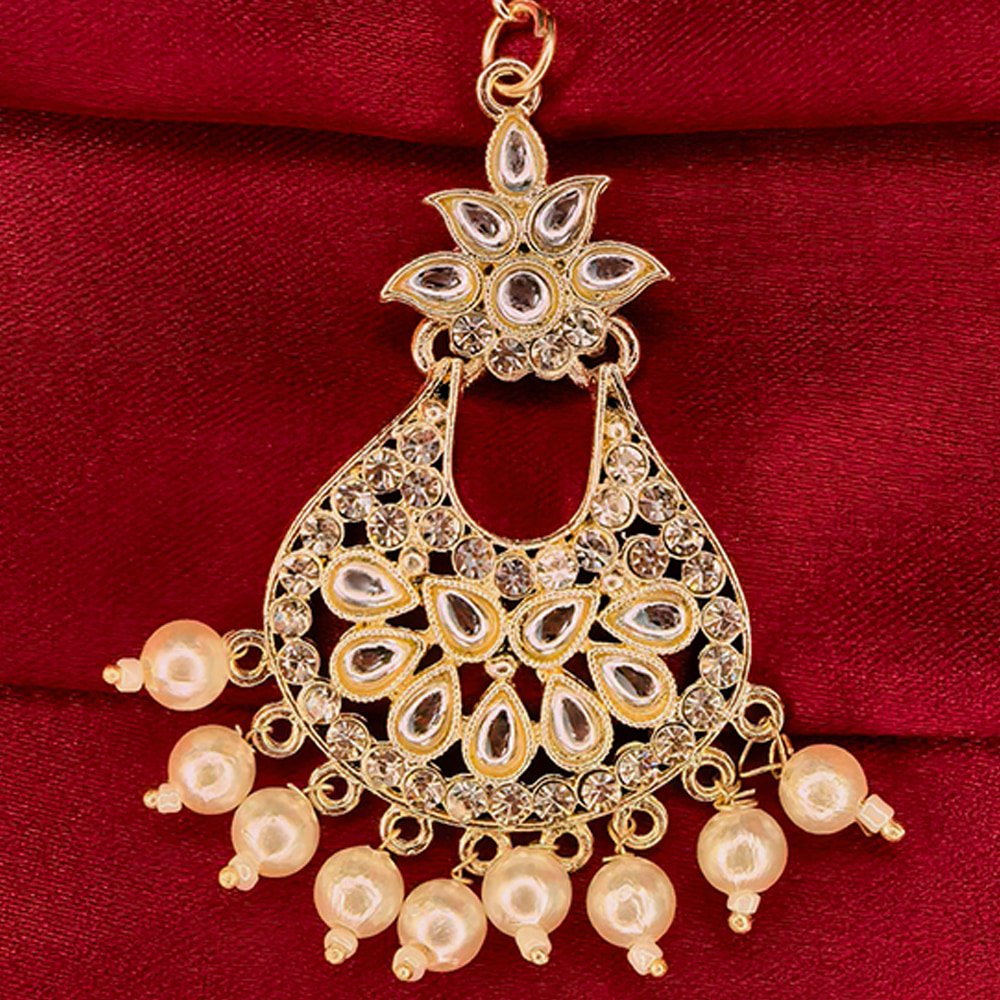 Golden Traditional Indian Pearl and Kundan Tikli for Women মহিলাদের জন্য রাজকীয় ইন্ডিয়ান গোল্ডেন পার্ল ও কুন্দন টিকলি ট্র্যাডিশনাল মাংটিকা হেড জুয়েলারি কালেকশন - Image 2