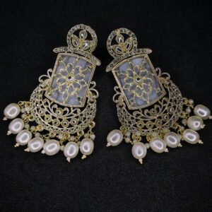 Kundan earrings with floral design and pearl drops for women.
