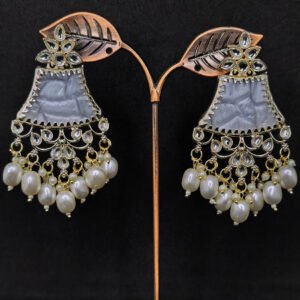 Kundan earrings with white stone and pearl drops for women.