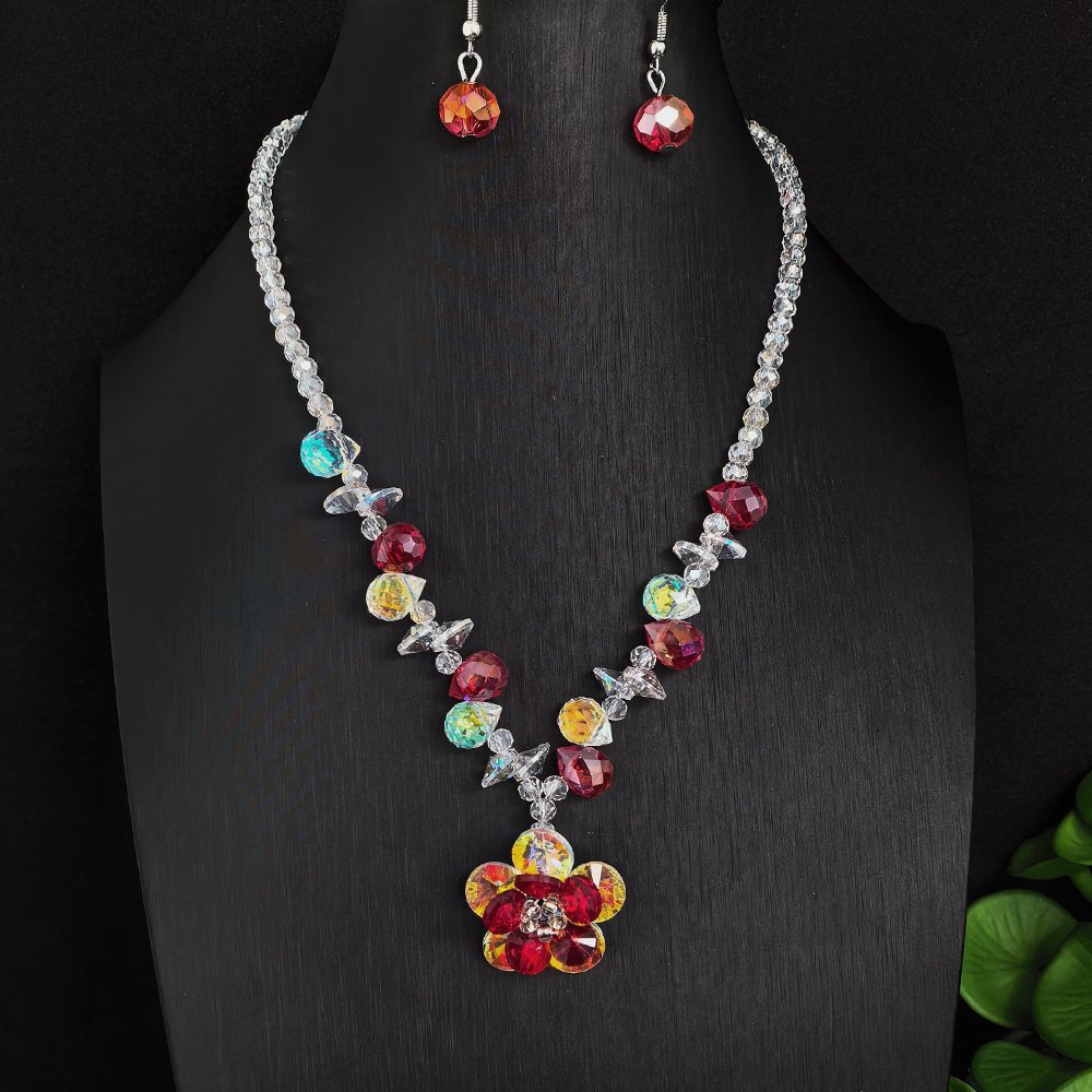 Long Multi-color Crystal Beaded Necklace with Earrings – মহিলাদের জন্য লং মাল্টিকালার ক্রিস্টাল বিডেড নেকলেস ও কানের দুল সেট