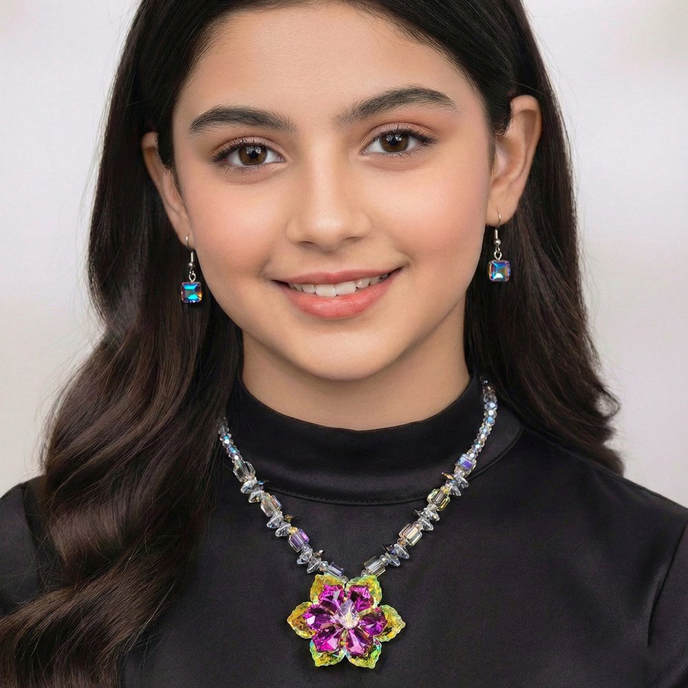 Crystal Beaded Flower Pendant Mala with Matching Earrings – মহিলাদের জন্য ক্রিস্টাল ফ্লাওয়ার পেনডেন্ট মালা ও ম্যাচিং কানের দুল