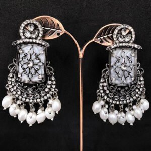Oxidized plated earrings with crystal stone and pearl for women.