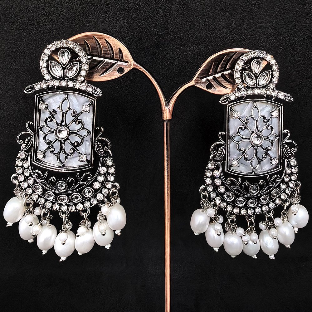 Oxidized Plated Earrings with Crystal Stone and Pearl – মহিলাদের জন্য অক্সিডাইজড সিলভার পার্ল ঝুমকা ইয়ারিং