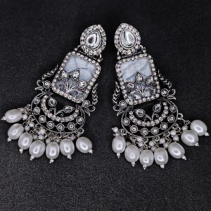 Oxidized plated earrings with crystal stone and pearl for women.