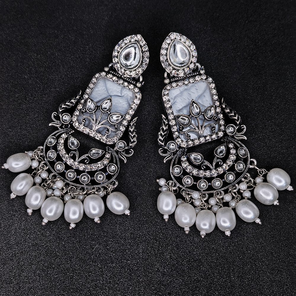 Oxidized Plated Earrings with Crystal Stone and Pearl – মহিলাদের জন্য অক্সিডাইজড সিলভার পার্ল ঝুমকা ইয়ারিং