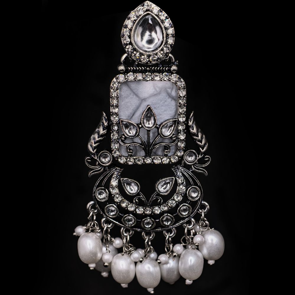 Oxidized Plated Earrings with Crystal Stone and Pearl – মহিলাদের জন্য অক্সিডাইজড সিলভার পার্ল ঝুমকা ইয়ারিং - Image 3