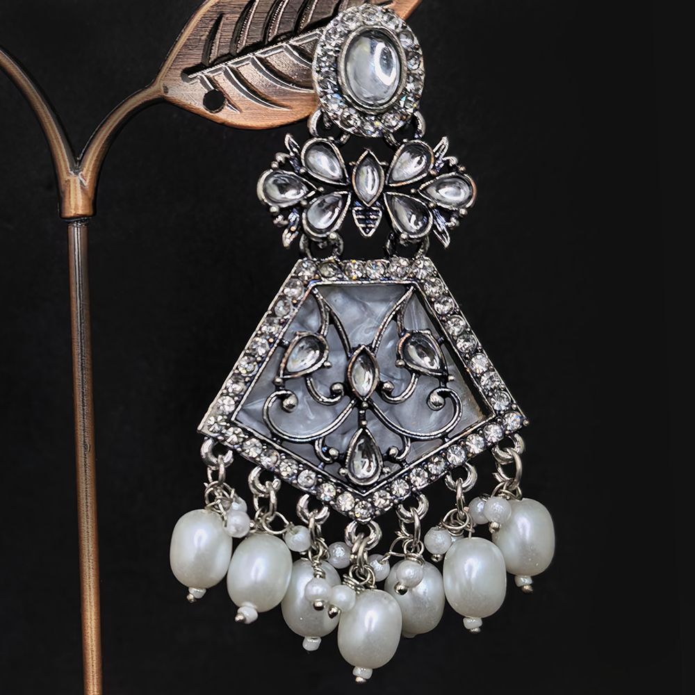 Oxidized Plated Earrings with Crystal Stone and Pearl – মহিলাদের জন্য অক্সিডাইজড সিলভার পার্ল ঝুমকা ইয়ারিং - Image 3