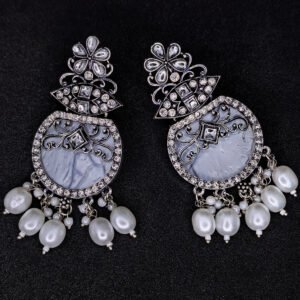 Oxidized plated earrings with crystal stone and pearl for women.