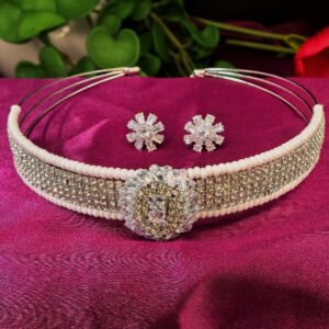 Silver-plated choker necklace and matching earrings set with white stones and simulated pearl for women.