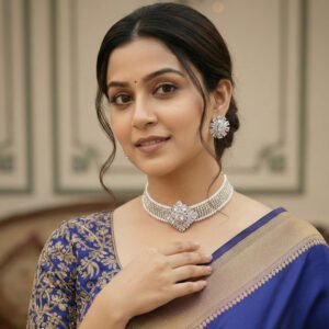 Silver plated choker necklace with white stone and pearl for women.