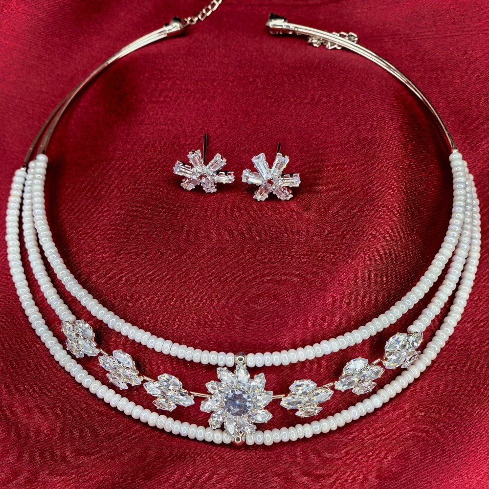 Silver Plated Choker Necklace with Floral Design White Stone and Simulated Pearl – মহিলাদের জন্য সিলভার প্লেটেড ফ্লোরাল হোয়াইট স্টোন ও পার্ল চকার সেট