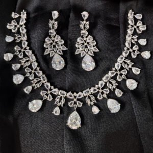 Silver toned 3 pieces zirconia necklace set for women with premium stones.