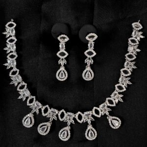 Silver toned 3 pieces zirconia necklace set for women with premium sparkling stones.