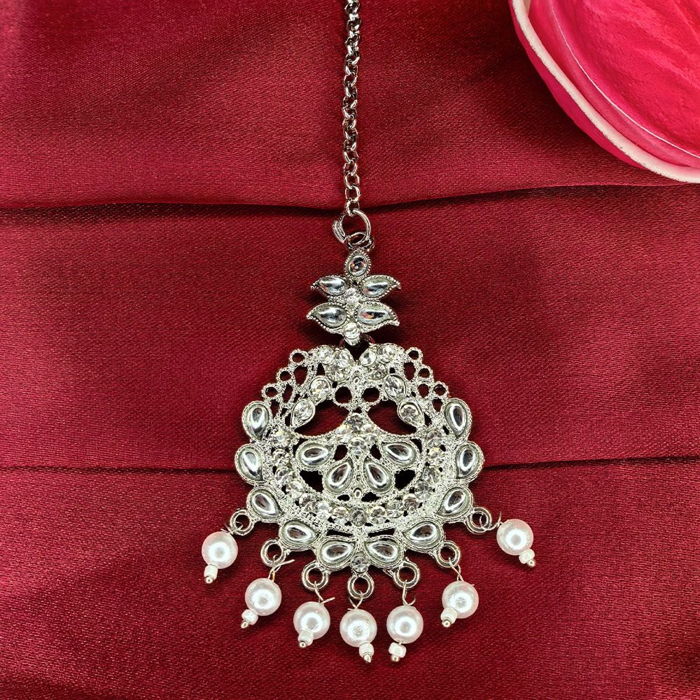Silver Traditional Indian Pearl and Kundan Tikli for Women মহিলাদের জন্য রাজকীয় ইন্ডিয়ান সিলভার পার্ল ও কুন্দন টিকলি ট্র্যাডিশনাল মাংটিকা হেড জুয়েলারি কালেকশন - Image 2
