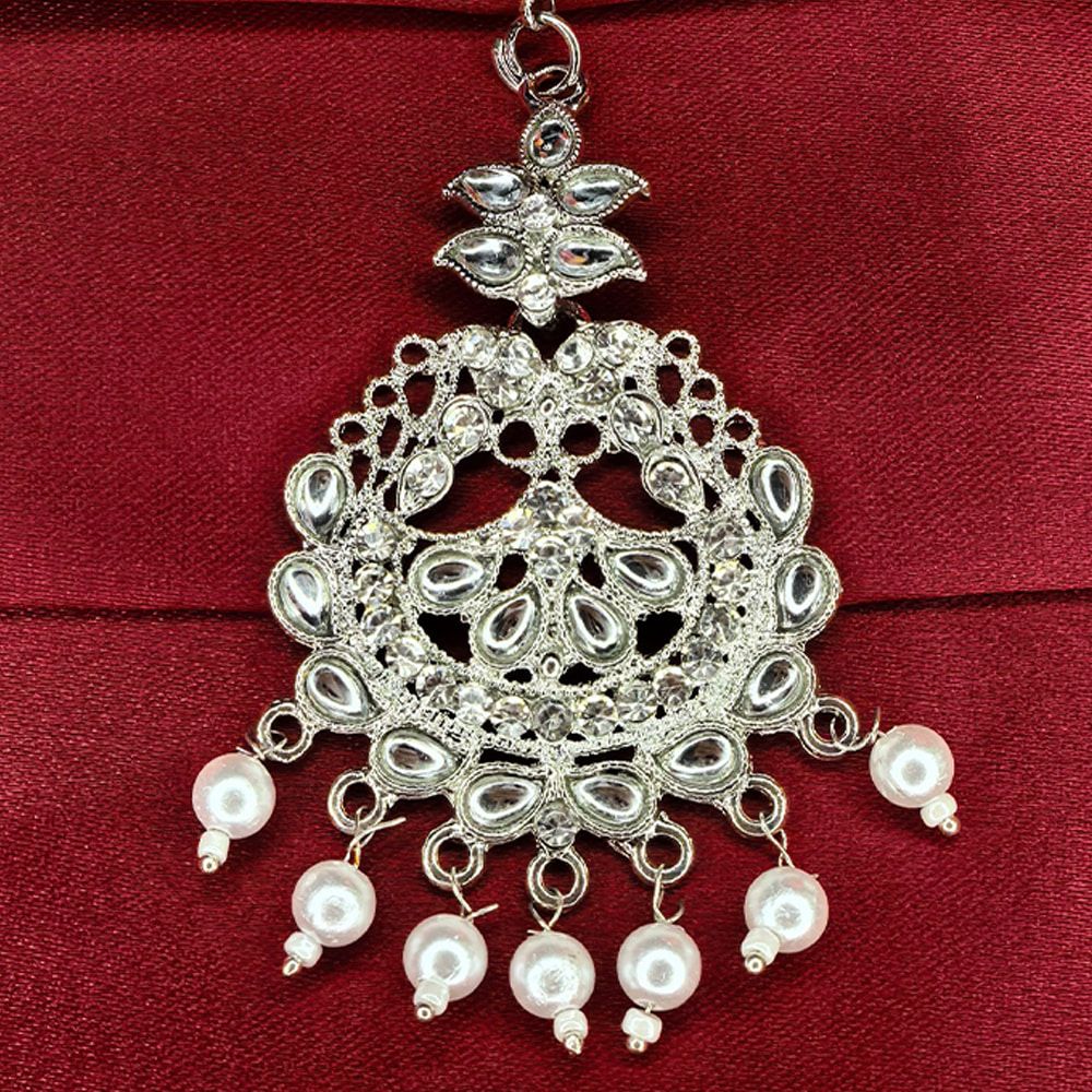 Silver Traditional Indian Pearl and Kundan Tikli for Women মহিলাদের জন্য রাজকীয় ইন্ডিয়ান সিলভার পার্ল ও কুন্দন টিকলি ট্র্যাডিশনাল মাংটিকা হেড জুয়েলারি কালেকশন - Image 3
