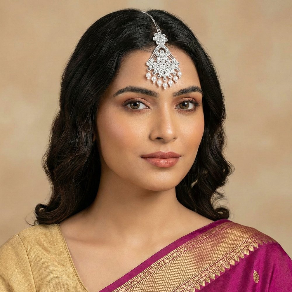 Silver Traditional Indian Pearl and Kundan Tikli for Women মহিলাদের জন্য রাজকীয় ইন্ডিয়ান সিলভার পার্ল ও কুন্দন টিকলি ট্র্যাডিশনাল মাংটিকা হেড জুয়েলারি কালেকশন