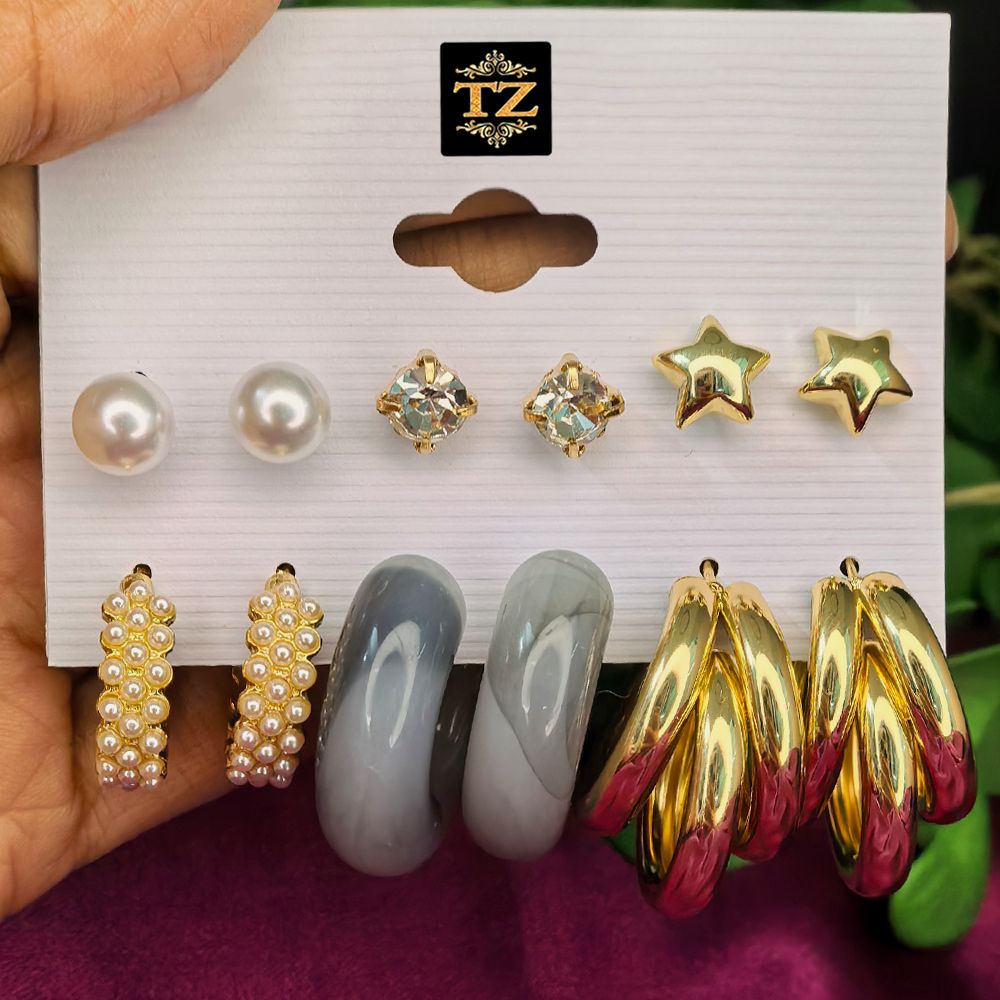 Six pair multi-design earring combo with studs and hoops for women.
