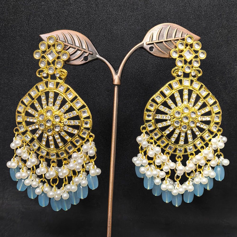 Stunning gold plated kundan earrings in sky blue color for women.