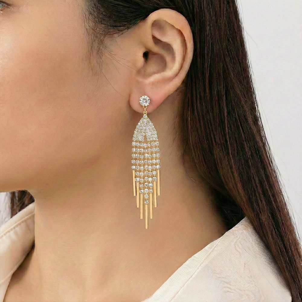 Silver and Gold-Plated Crystal Long Dangler Earrings for Women মহিলাদের জন্য রাজকীয় ক্রিস্টাল ড্যাংলার ইয়াররিং কালেকশন - Image 2