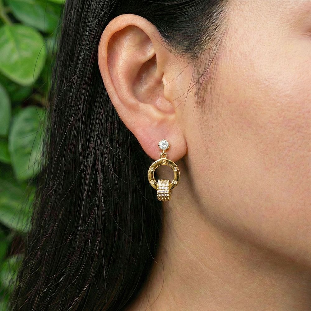 Silver and Gold Toned Circle with White Stone Earrings for Women মহিলাদের জন্য রাজকীয় সার্কেল ড্রপ ইয়াররিং কালেকশন - Image 2