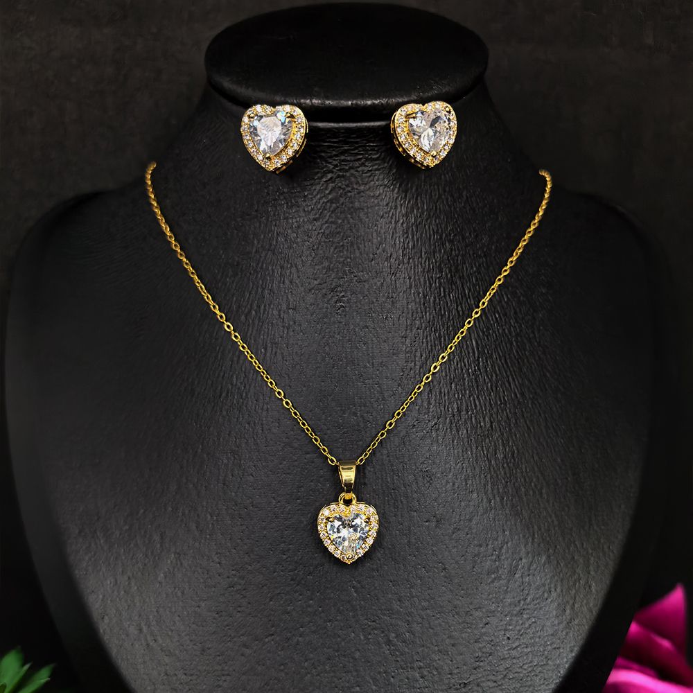 Gold toned necklace set for women with shimmering white stones and a premium golden luster.