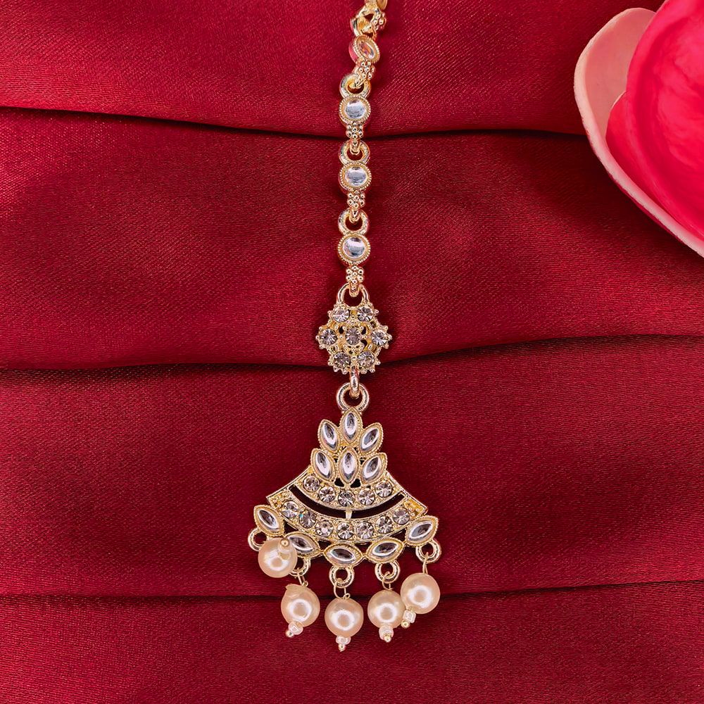 Golden Traditional Indian Pearl and Kundan Tikli for Women মহিলাদের জন্য রাজকীয় কুন্দন ও পার্ল টিকলি কালেকশন - Image 2