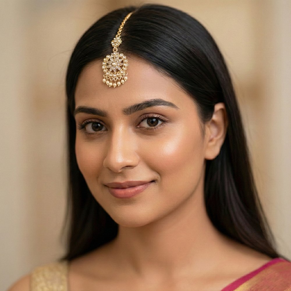 Golden Traditional Indian Pearl and Kundan Tikli for Women মহিলাদের জন্য রাজকীয় ইন্ডিয়ান গোল্ডেন পার্ল ও কুন্দন টিকলি ট্র্যাডিশনাল মাংটিকা হেড জুয়েলারি কালেকশন