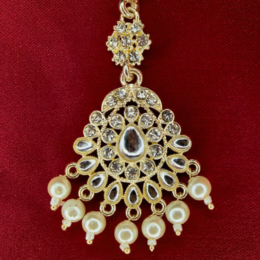 Golden Traditional Indian Pearl and Kundan Tikli for Women মহিলাদের জন্য রাজকীয় ইন্ডিয়ান গোল্ডেন পার্ল ও কুন্দন টিকলি ট্র্যাডিশনাল মাংটিকা হেড জুয়েলারি কালেকশন - Image 2