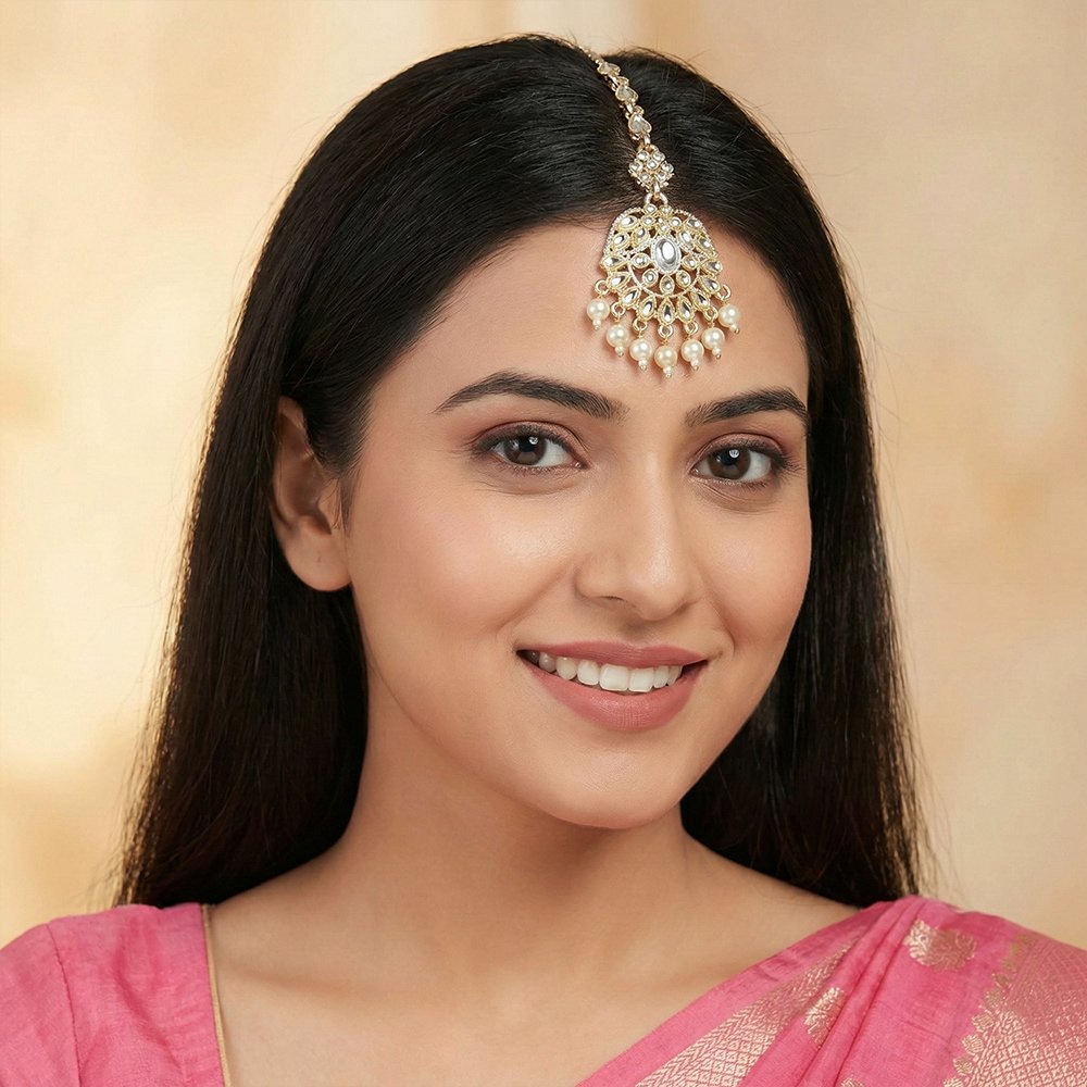 Golden Traditional Indian Pearl and Kundan Tikli for Women মহিলাদের জন্য রাজকীয় ইন্ডিয়ান গোল্ডেন পার্ল ও কুন্দন টিকলি ট্র্যাডিশনাল মাংটিকা হেড জুয়েলারি কালেকশন