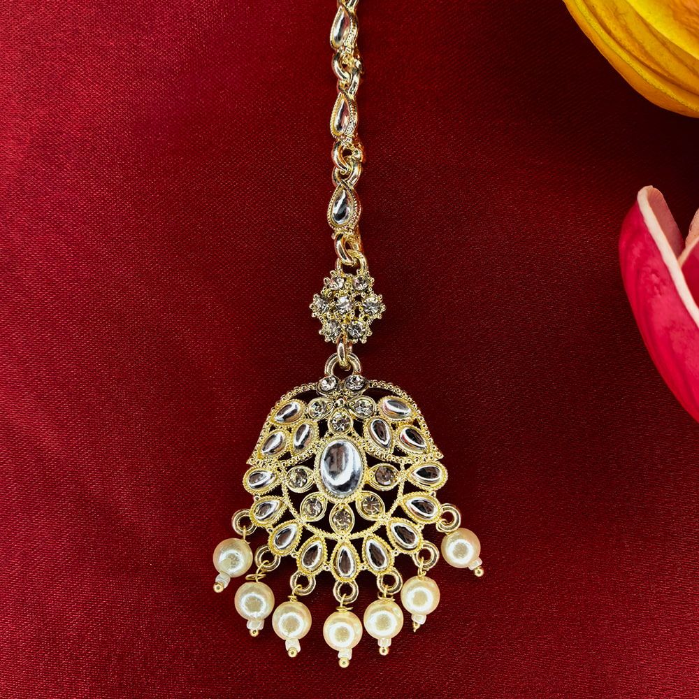 Golden Traditional Indian Pearl and Kundan Tikli for Women মহিলাদের জন্য রাজকীয় ইন্ডিয়ান গোল্ডেন পার্ল ও কুন্দন টিকলি ট্র্যাডিশনাল মাংটিকা হেড জুয়েলারি কালেকশন - Image 3