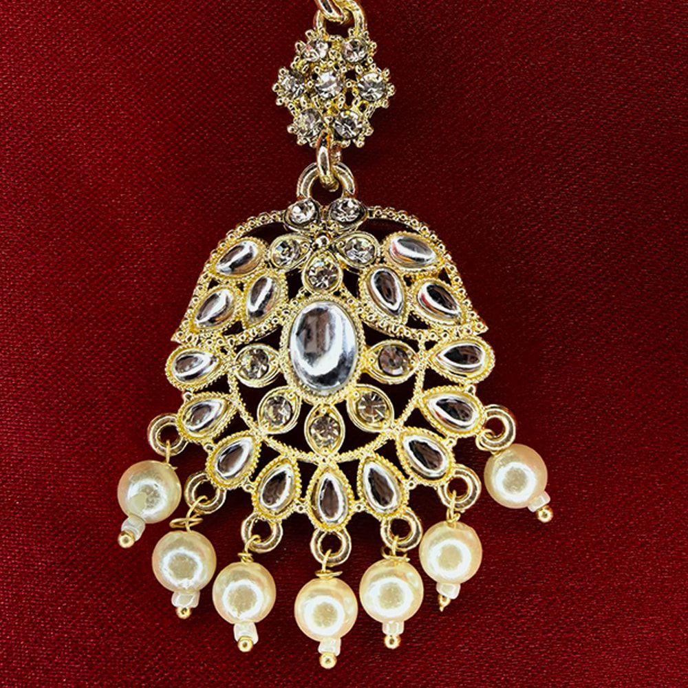 Golden Traditional Indian Pearl and Kundan Tikli for Women মহিলাদের জন্য রাজকীয় ইন্ডিয়ান গোল্ডেন পার্ল ও কুন্দন টিকলি ট্র্যাডিশনাল মাংটিকা হেড জুয়েলারি কালেকশন - Image 2