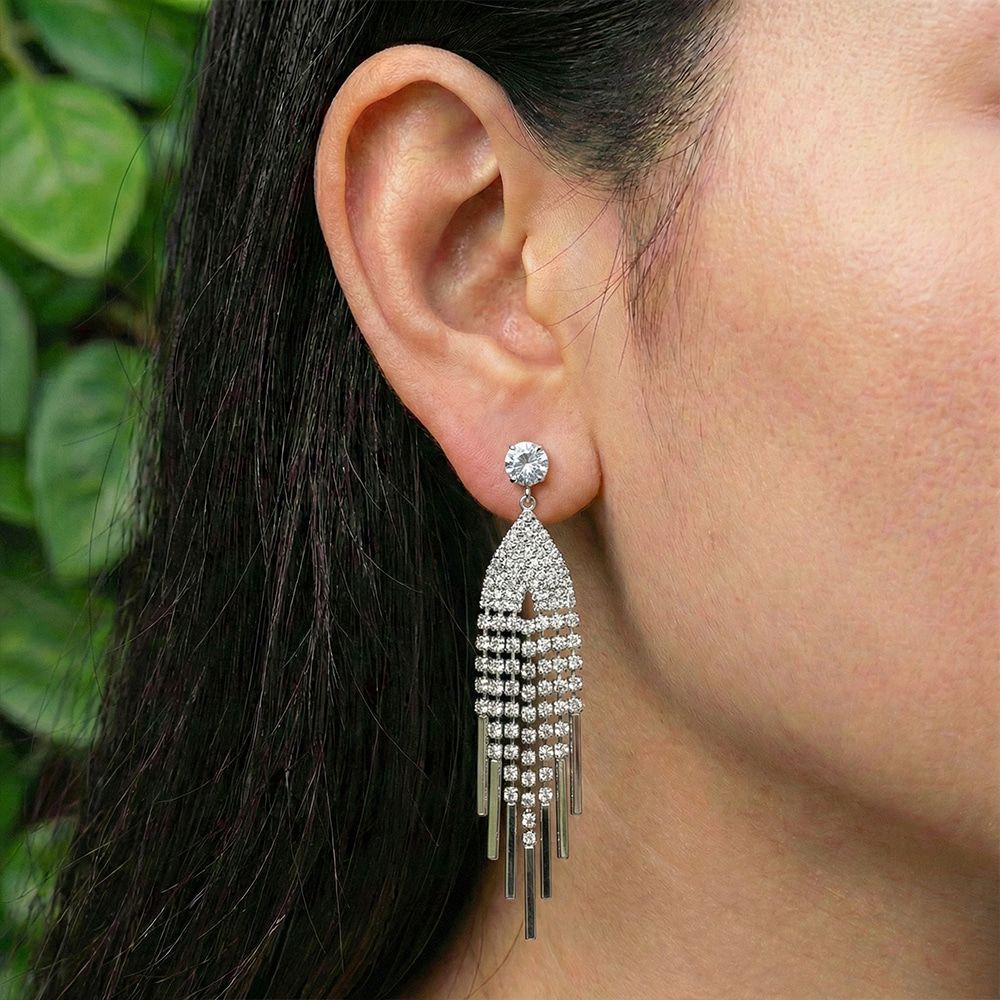 Silver and Gold-Plated Crystal Long Dangler Earrings for Women মহিলাদের জন্য রাজকীয় ক্রিস্টাল ড্যাংলার ইয়াররিং কালেকশন - Image 5