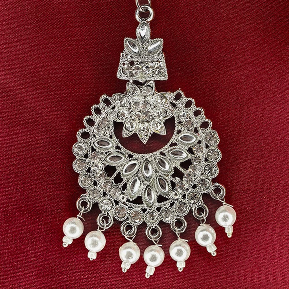 Silver Traditional Indian Pearl and Kundan Tikli for Women