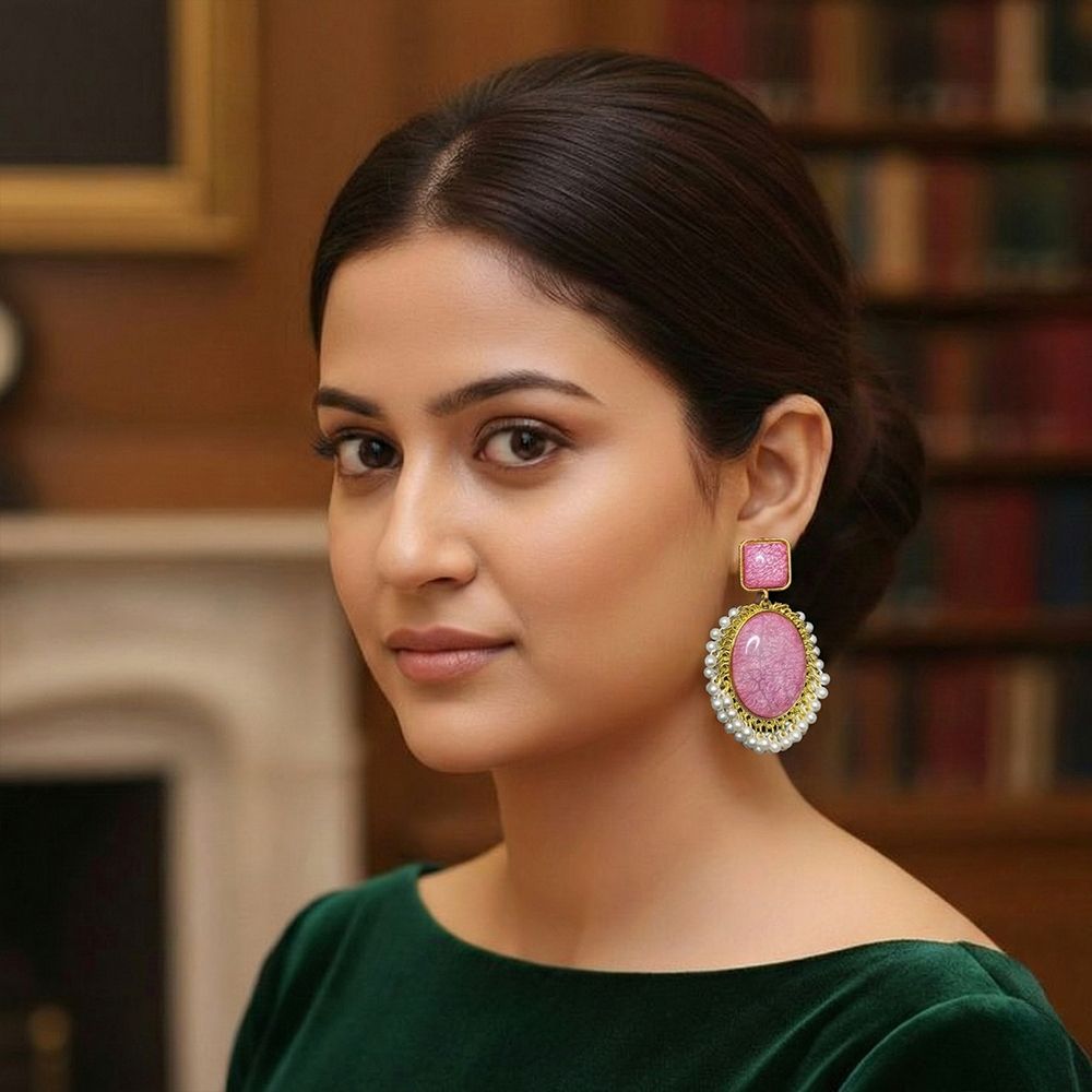 Gold-plated earrings with monalisa stones – মহিলাদের জন্য ড্যাংলিং স্টোন ও পার্ল ইয়াররিং - Image 17