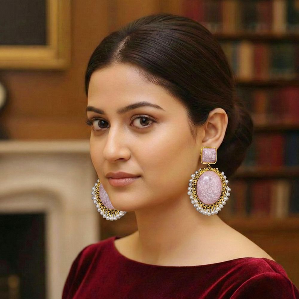 Gold-plated earrings with monalisa stones – মহিলাদের জন্য ড্যাংলিং স্টোন ও পার্ল ইয়াররিং - Image 6