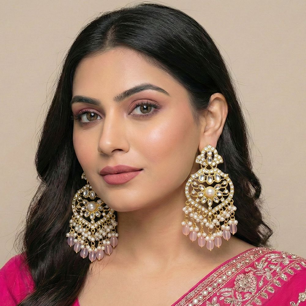Gold plated kundan earrings with pearls – মহিলাদের জন্য রাজকীয় ফ্লোরাল কুন্দন ও ঝুমকা ইয়াররিং - Image 12