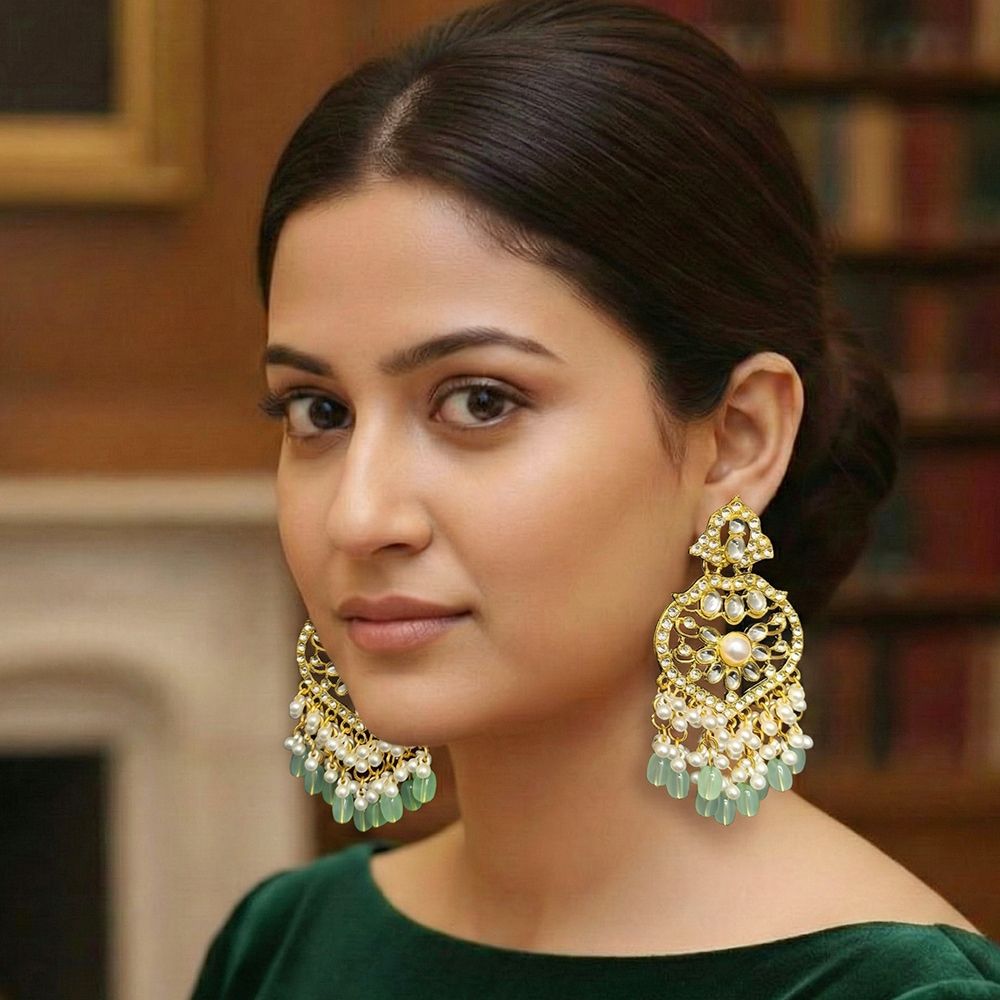 Gold plated kundan earrings with pearls – মহিলাদের জন্য রাজকীয় ফ্লোরাল কুন্দন ও ঝুমকা ইয়াররিং - Image 9