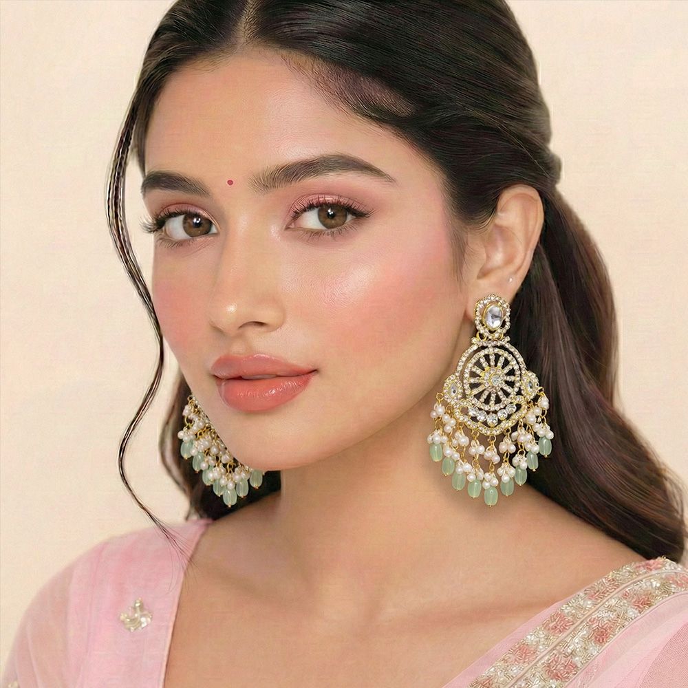 Gold plated kundan earrings with stones – মহিলাদের জন্য রাজকীয় কুন্দন ও পার্ল ডিজাইনার ইয়াররিং - Image 7