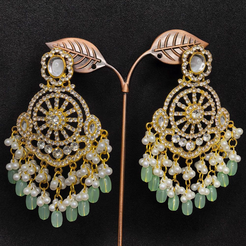 Gold plated kundan earrings in mint color for women.
