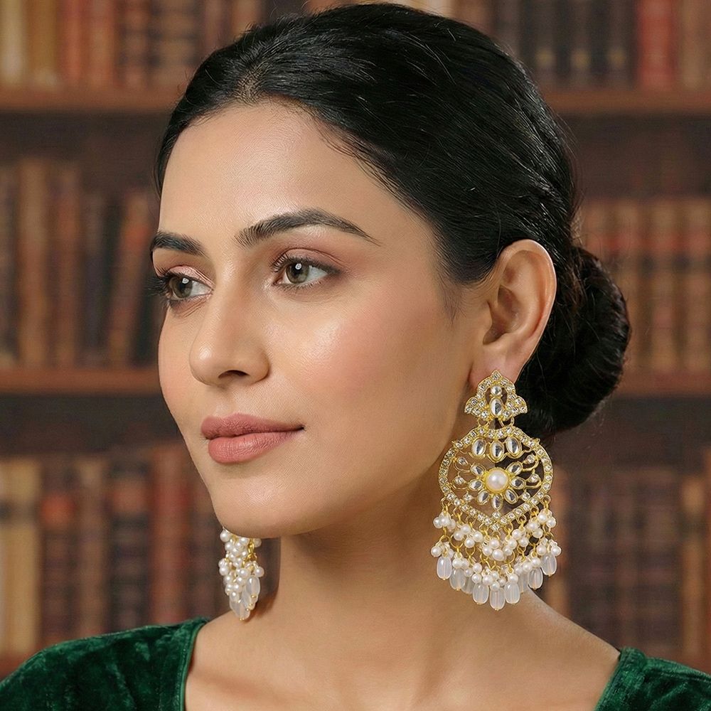Gold plated kundan earrings with pearls – মহিলাদের জন্য রাজকীয় ফ্লোরাল কুন্দন ও ঝুমকা ইয়াররিং - Image 18