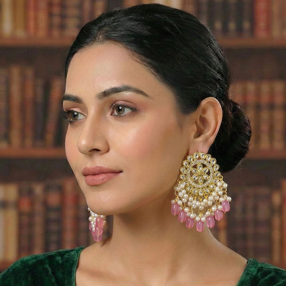 Gold plated traditional chandbali earrings – মহিলাদের জন্য রাজকীয় ফ্লোরাল কুন্দন ও ঝুমকা ইয়াররিং - Image 10