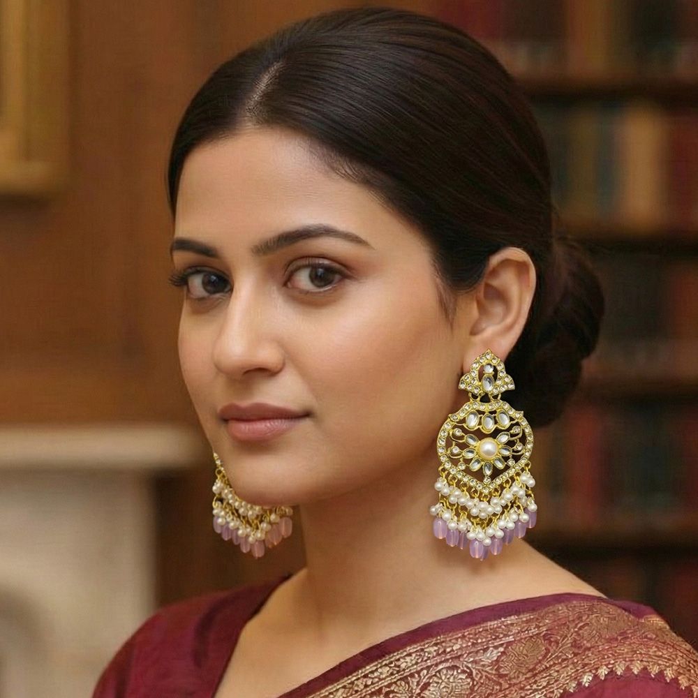 Gold plated kundan earrings with pearls – মহিলাদের জন্য রাজকীয় ফ্লোরাল কুন্দন ও ঝুমকা ইয়াররিং - Image 2