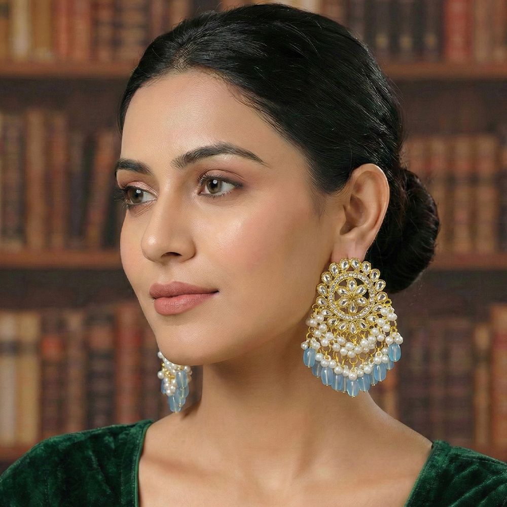 Gold plated traditional chandbali earrings – মহিলাদের জন্য রাজকীয় ফ্লোরাল কুন্দন ও ঝুমকা ইয়াররিং - Image 11