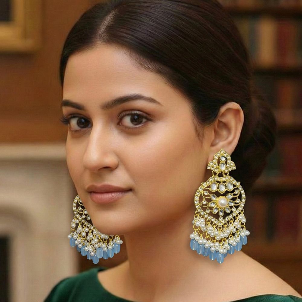 Gold plated kundan earrings with pearls – মহিলাদের জন্য রাজকীয় ফ্লোরাল কুন্দন ও ঝুমকা ইয়াররিং - Image 4