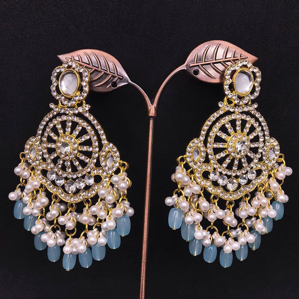 Gold plated kundan earrings in mint color for women.